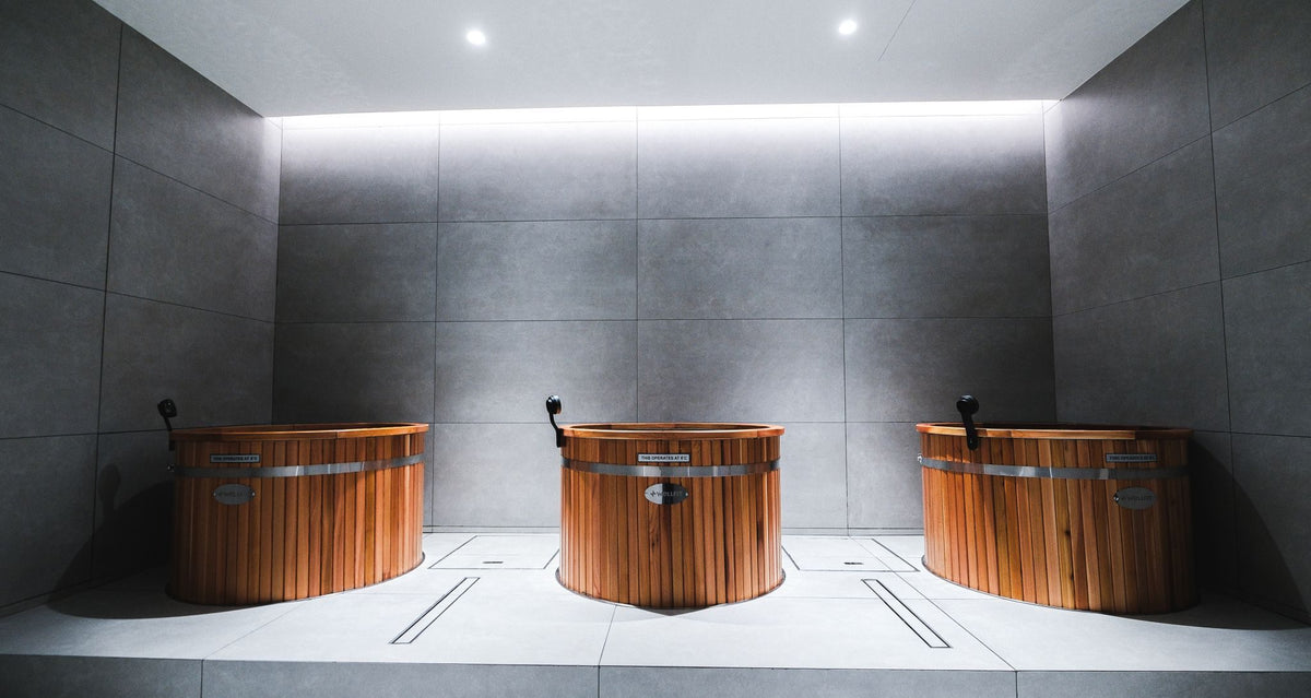 Three KULA cedar barrel cold plunges installed at Wellfit JVC, Dubai