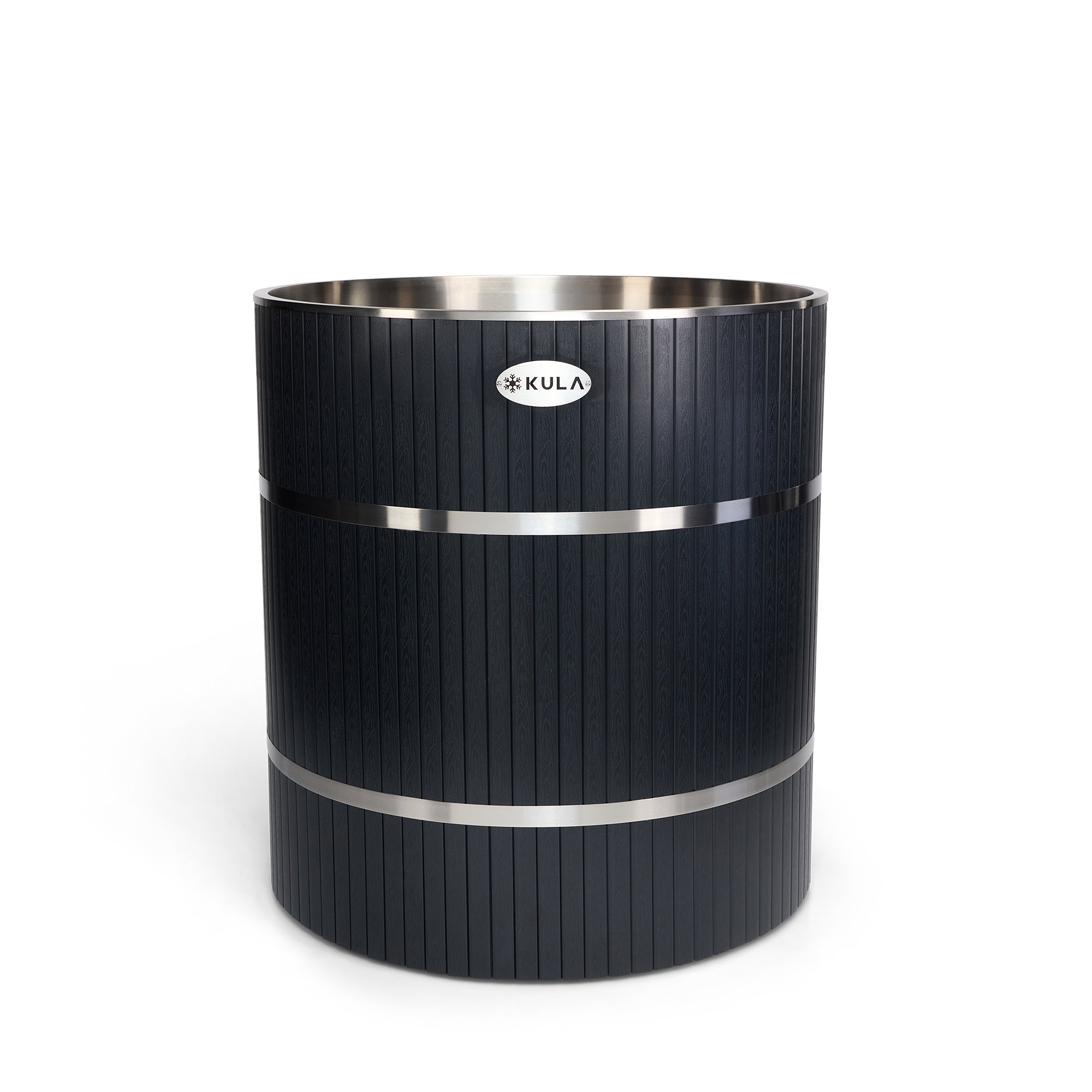 KULA Shogun Grey charcoal wooden barrel cold plunge with lid, studio view