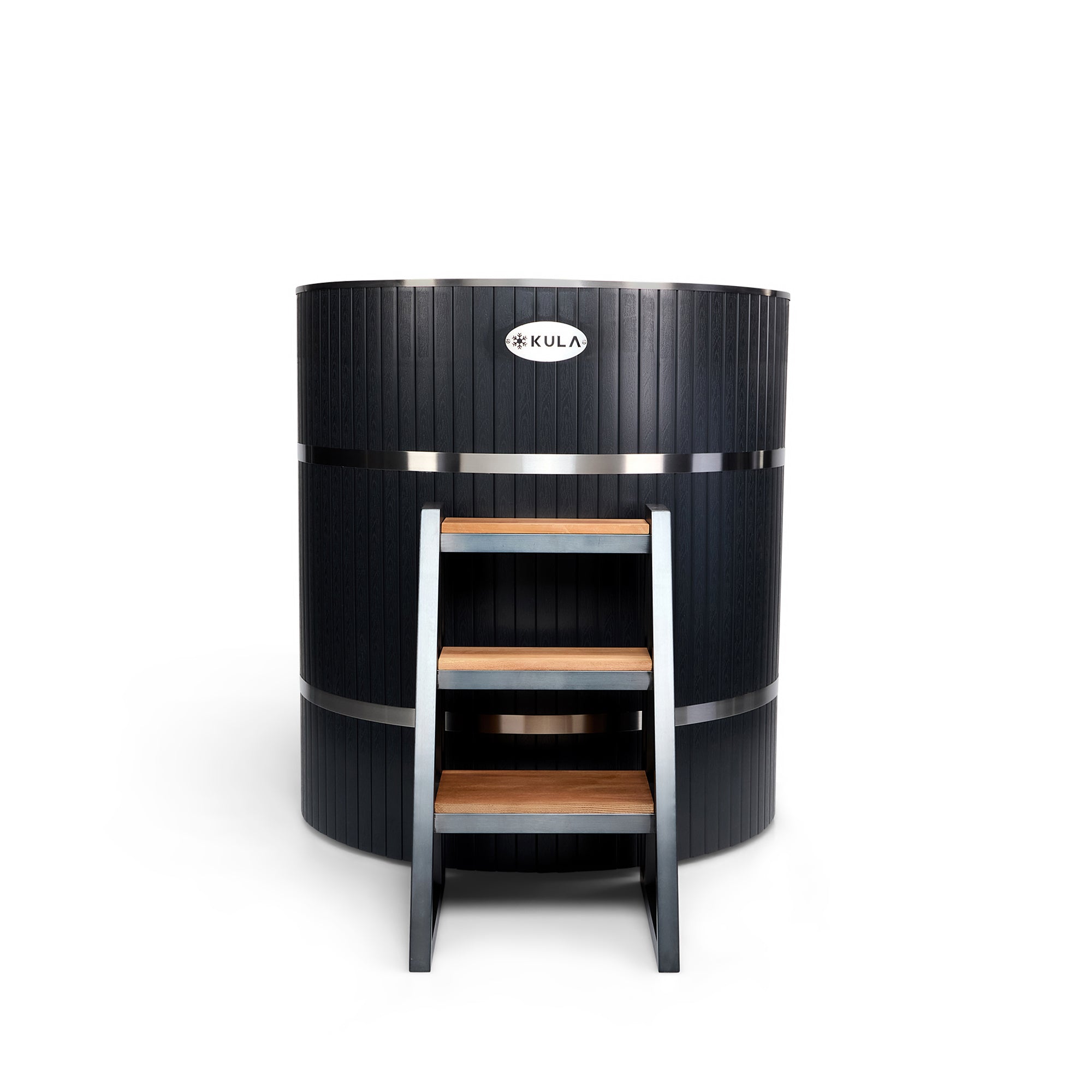 KULA Shogun Grey barrel ice bath with wooden steps, front view