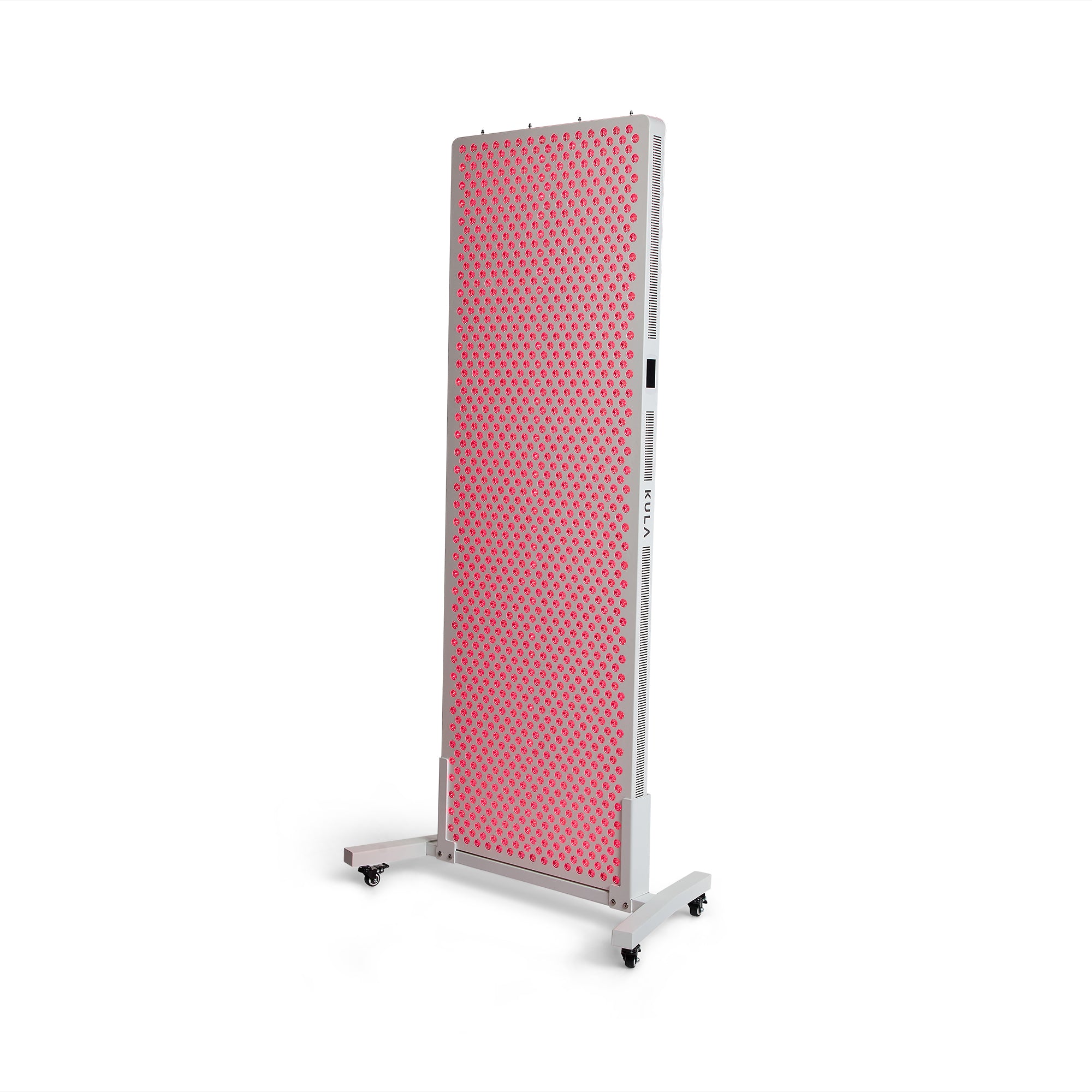 KULA THRYV Full-Body Red Light Therapy Panel on floor stand, switched on