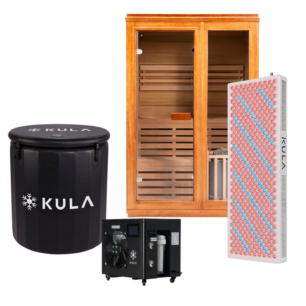 Inflatable_The Barrel Plunge Pro Ice Bath_Black_1.5 HP SuperChiller_Traditional Wooden Sauna_Red Light Panel