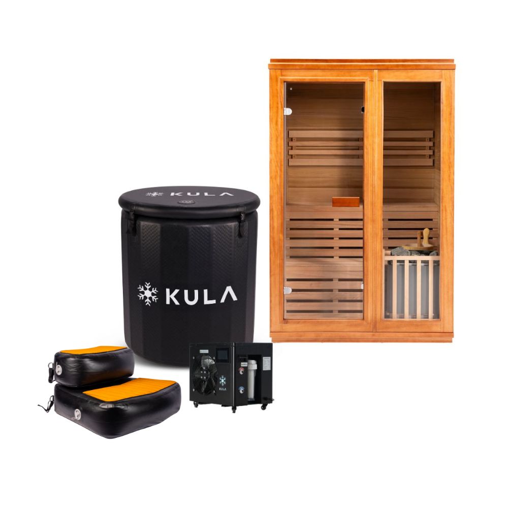 Inflatable_The Barrel Plunge Pro Ice Bath_Black_1.5 HP Super Chiller_Traditional Wooden Sauna_Kula Recovery Steps