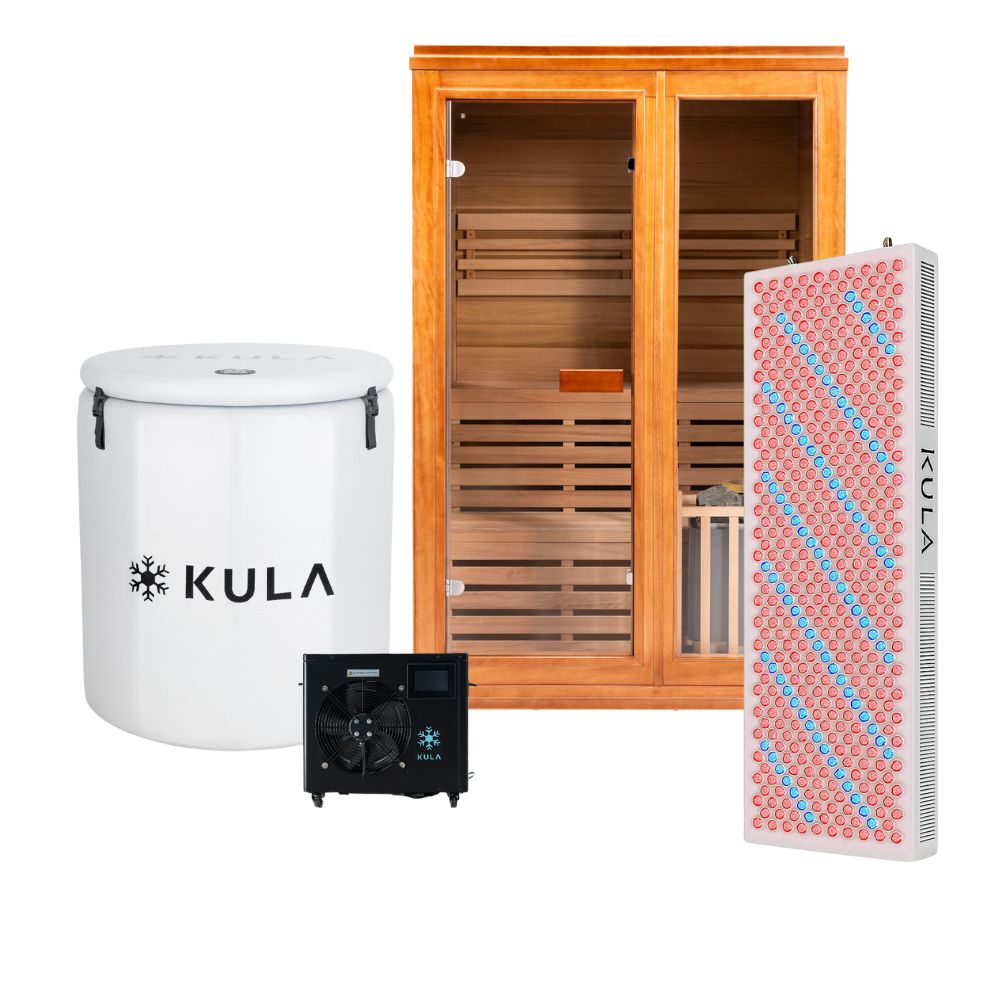 Inflatable_The Barrel Plunge Pro Ice Bath_White_1.5 HP Super Chiller_Traditional Wooden Sauna_Red Light Panel