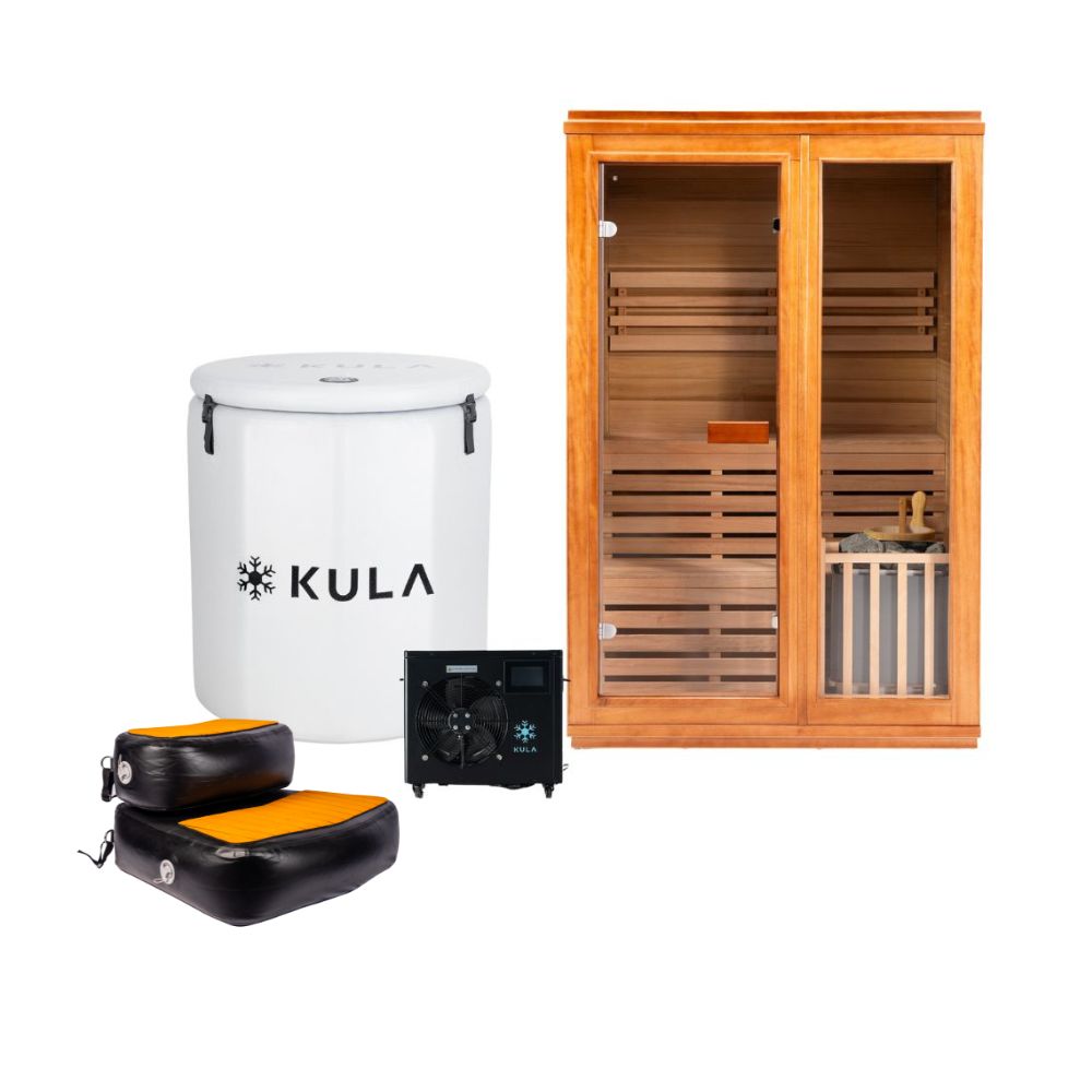 Inflatable_The Barrel Plunge Pro Ice Bath_White_1.5 HP Super Chiller_Traditional Wooden Sauna_Kula Recovery Steps