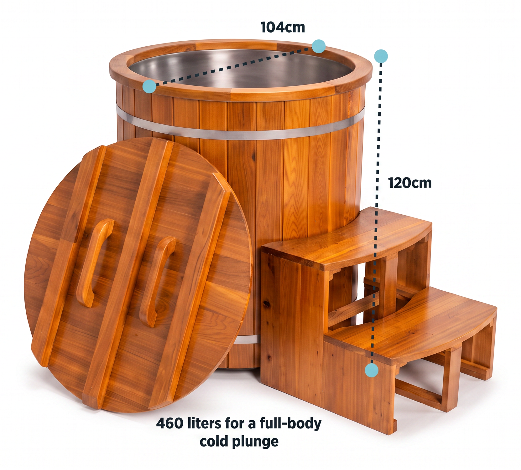 KULA Shogun barrel ice bath dimensions: 104cm diameter, 120cm height, 460 litre capacity