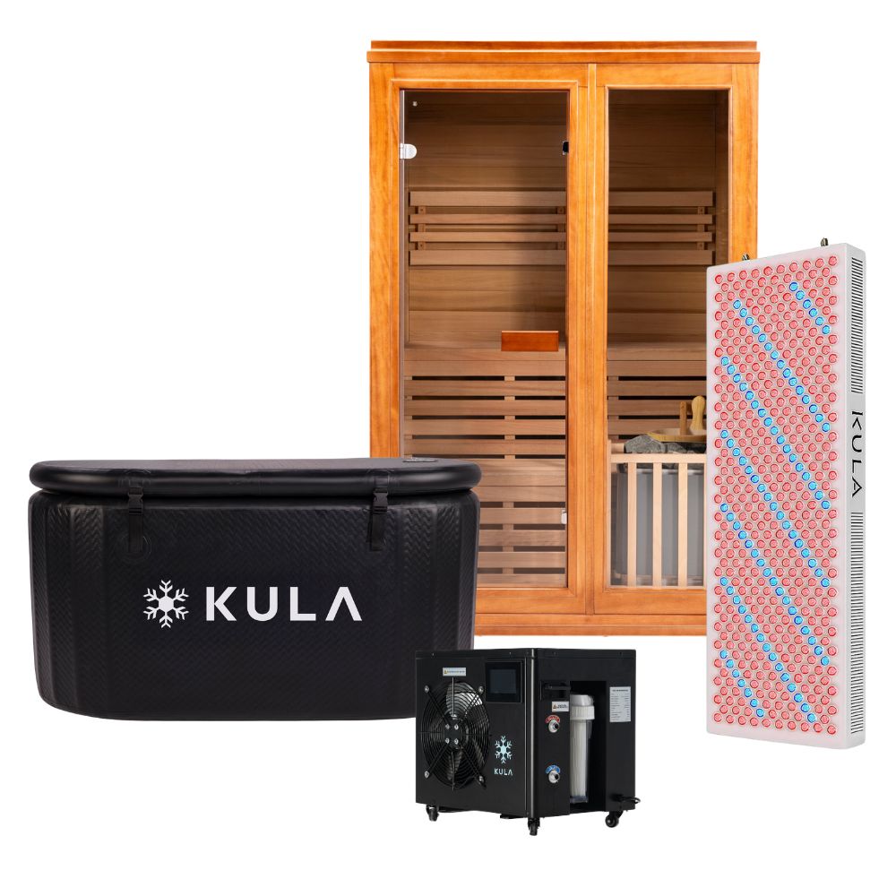 Inflatable_The Oval Plunge Pro Ice Bath_Black_1.5 HP Super Chiller_Traditional Wooden Sauna_Red Light Panel