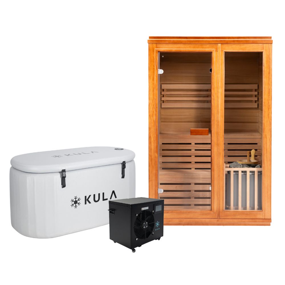 Inflatable_The Oval Plunge Pro Ice Bath_White_1.5 HP Super Chiller_Traditional Wooden Sauna
