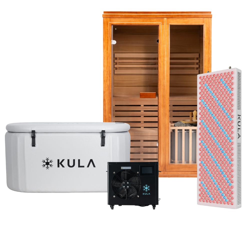 Inflatable_The Oval Plunge Pro Ice Bath_White_1.5 HP Super Chiller_Traditional Wooden Sauna_Red Light Panel