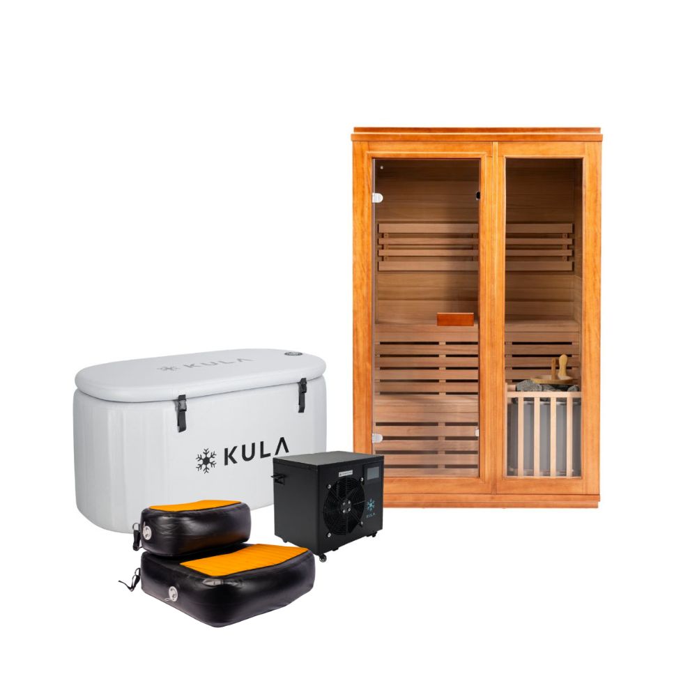 Inflatable_The Oval Plunge Pro Ice Bath_White_1.5 HP Super Chiller_Traditional Wooden Sauna_Kula Recovery Steps