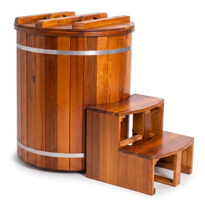 KULA Shogun red cedar barrel cold plunge with insulated lid and wooden steps, studio view