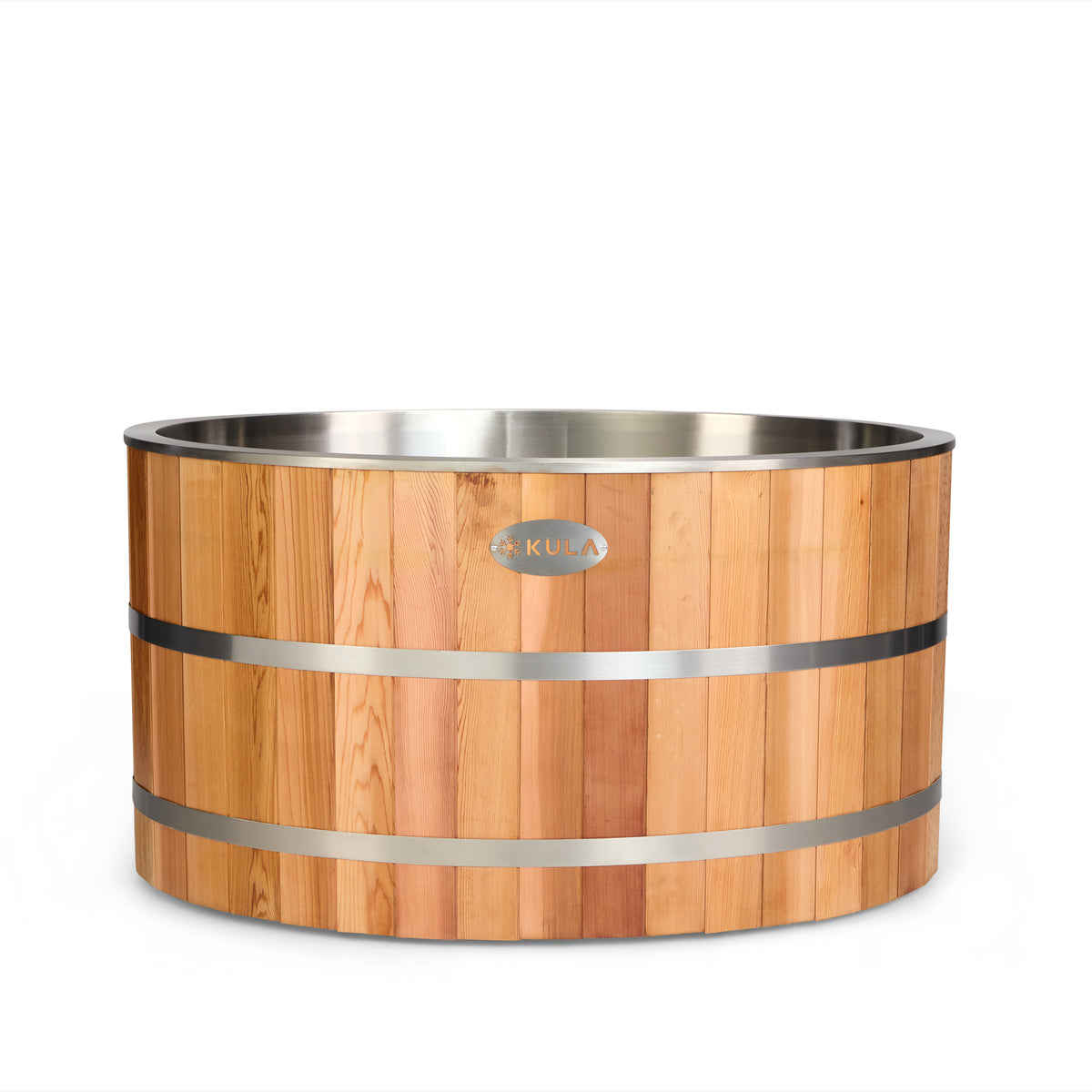 KULA Epic Oval Standard red cedar cold plunge with stainless steel liner, front view