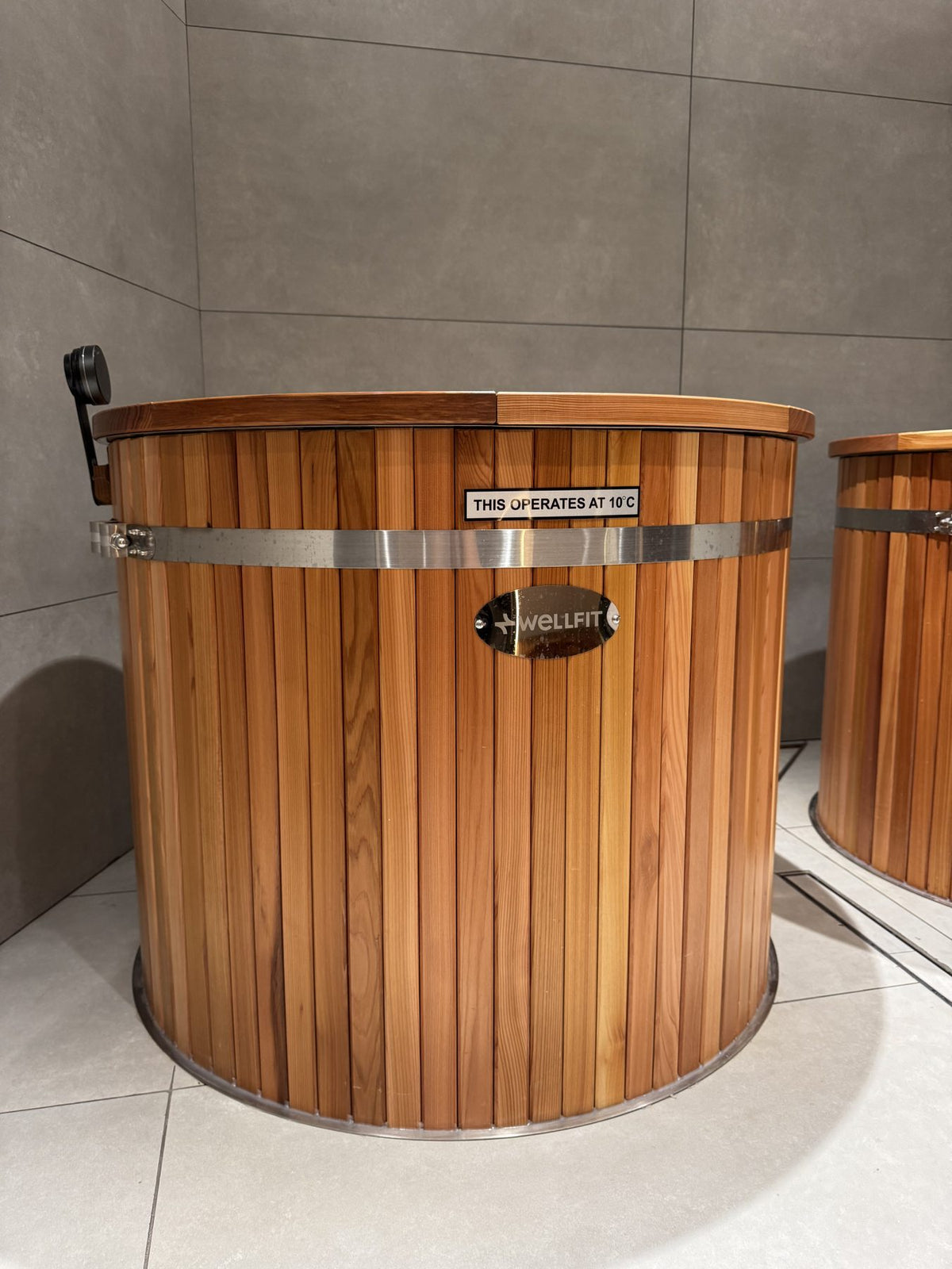 KULA red cedar barrel cold plunge with stainless banding at Wellfit JVC, Dubai